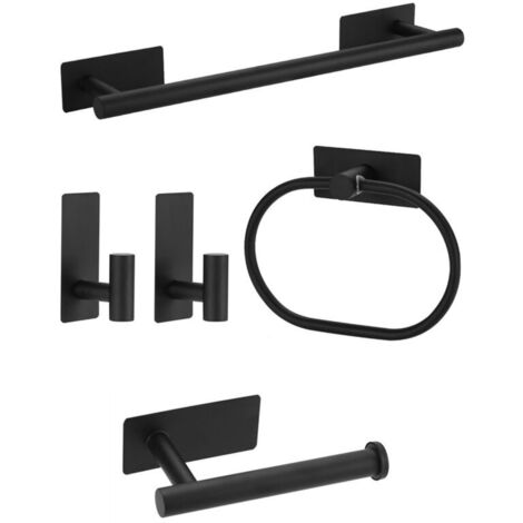 Lot de 5 porte-serviettes muraux de salle de bain, accessoires de salle de bain, anneaux à serviettes en acier inoxydable, aucun trou nécessaire, noir (1/4)