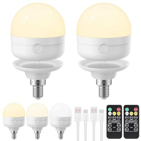 Ampoule rechargeable USB-C avec télécommande, 3 couleurs, culot E14, intensité variable, alimentée par piles, 6 W, fonction minuterie, lampe de secours magnétique, lot de 2 [Classe énergétique E] (1/4)