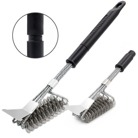 Brosse de nettoyage pour barbecue, manche long de 45 cm, 2 pièces, avec grattoir intégré, accessoires de cuisine d'extérieur (1/4)