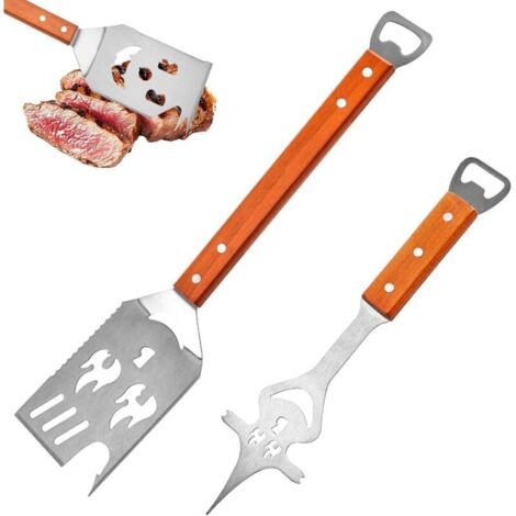 8 en 1 Ustensiles Barbecue Set, Spatule pour Barbecue de 42 cm et Fourchette de 33 cm, Manche en Acier Inoxydable et en Bois avec Décapsuleur, pour la Maison, Le Camping et Les Pique-Niques (1/4)