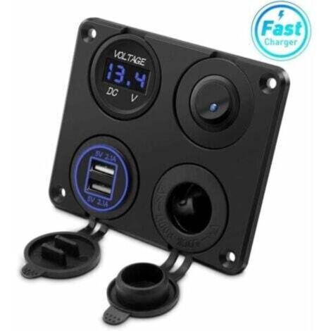 Prise allume-cigare, double port USB 4.2A, prise DC 12V, interrupteur et affichage LED Voltmètre Prise courant chargeur voiture étanche pour voiture 12V/24V, bateaux et marine, moto,camion,SUV (1/4)