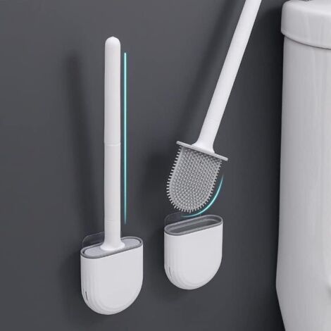 1PCS Brosse WC Silicone et Supports Toilettes Profondeur,Balayette avec Long Manche en Plastique Antidérapant et Poils Flexibles,Brosse Toilette avec Support à Séchage Rapide
