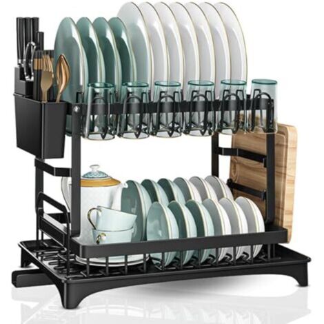 Égouttoir à vaisselle à deux niveaux en métal avec bac d'égouttage automatique, compact et durable. Pour assiettes, verres et couverts. Montage et démontage en quelques secondes pour un rangement et u (1/4)