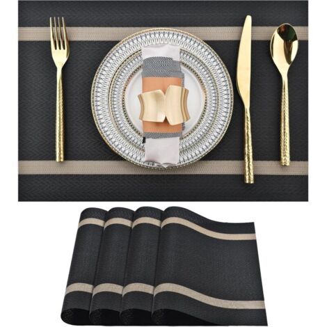 Lot de 4 sets de table noirs – Sets de table en vinyle lavables, modernes, durables et faciles à nettoyer – Sets de table résistants à la chaleur pour table de cuisine (noir avec rayur