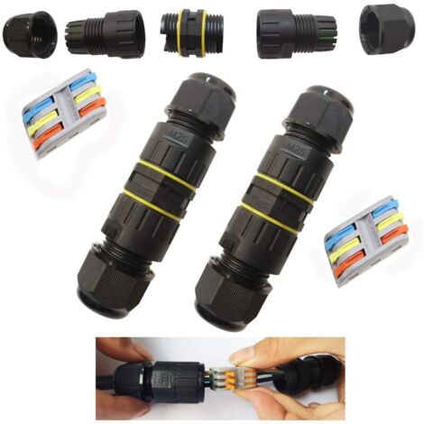 Boîte de Jonction de Plein Air IP68 Imperméable Connecteur de Câble électrique Boîtier de Raccordement 3 Voies Connecteurs Boîte pour Câble 9 à 12mm (2Pcs), Nylon (1/4)