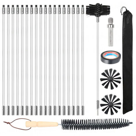 Barre de brosse de 100 mm, 27 brosses de cheminée (dont 20 barres flexibles de 410 mm), 2 têtes de brosse, 1 connecteur de foret + accessoires de cheminée et brosse à manche en bois (1/4)