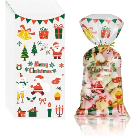 50 pcs sachet bonbons anniversaire Noël, sachet plastique bonbon, boite cadeau noel, sachets transparents pour biscuits, sacs de biscuits pour chocolat, transparent (1/4)