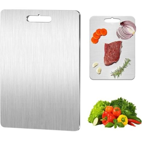 Planche à découper en titane - En acier inoxydable des deux côtés - Sans BPA - Pour la cuisine, la viande, le pain, les légumes, les fruits (34 x 23 cm) (1/4)