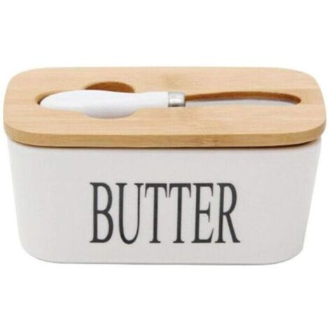 Beurrier en Porcelaine avec Couteau et Couvercle en Bois pour 250 g Blanc 16,5 x 10 x 7,5 cm (1/4)