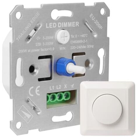Interrupteur variateur LED 230 V, compatible avec les ampoules LED/halogènes 5-200 W, encastrable, avec plaque de recouvrement blanche et sans fixations. (1/4)