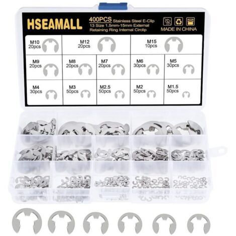 400PCS 13Size En Acier Inoxydable E-Clip Anneau De Retenue Externe Snap Kit De Assortiment Anneau Anneau De Circlips Interne 1.5 / 2 / 2.5 / 3/4/5/6/7/8/9/10/12 / 15mm Avec Boîte En P (1/4)