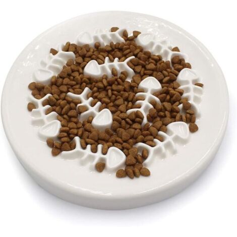 Bol pour chat à alimentation lente, plateau en céramique pour mangeoire pour chat, conception en os de poisson, interactif amusant, ralentit la vitesse d'alimentation de l'animal, prévient les ballonn (1/4)