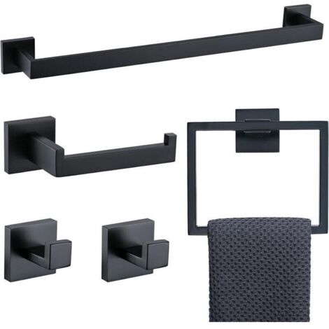 Ensemble d'accessoires de salle de bain 5 pièces en acier inoxydable noir mat et or brossé , porte-serviettes et 2 crochets pour serviettes , fixation murale en acier inoxydable (noir) (1/4)
