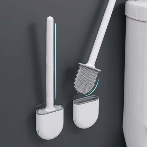 1 brosse WC en silicone et support profond avec long manche en plastique antidérapant et poils flexibles, porte-brosse WC à séchage rapide (1/4)