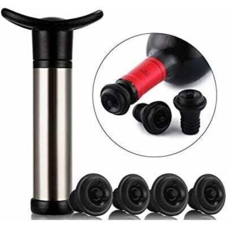 Pompa per vuoto in acciaio inox con 4 tappi, pompa per la conservazione del vino per rimuovere l'aria e mantenere il vino fresco (1/4)