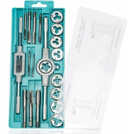 Coffret tarauds et filières Lot de 20 tarauds et filières métriques – M3, M4, M5, M6, M7, M8, M9, M10, M12 Jeu de tarauds et filières de filetage métriques avec poignée de clé, boîte de rangement (1/4)