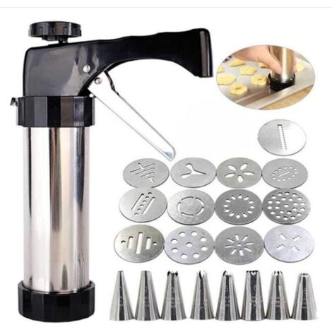 Pistolet à biscuits en acier inoxydable + 13 disques à biscuits + 8 buses de glaçage, ensemble d\outils de cuisson de (1/4)