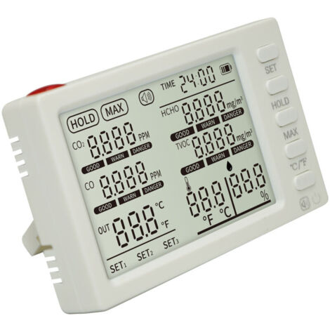 Moniteur de qualité de l’air intérieur 8 en 1, détecteur portable CO₂, HCHO, TVOC, CO, température, humidité, sonde de température externe, date, heure, testeur pour bureau, école, voiture,de DEBUNS (1/4)