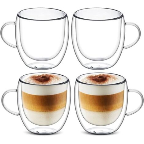 4x150ml Tasse à Café Double Paroi avec Poignée, Tasses à Latte Macchiato, Verre à Thé, Cappuccino, Résistantes à la Chaleur. (1/4)