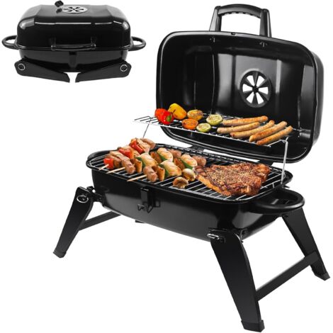 Barbecue pliable à charbon de bois avec couvercle, idéal pour les barbecues portables sur balcon ou en camping - émail noir (1/5)