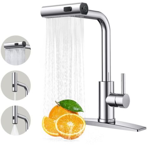 Robinet de cuisine, robinets de cuisine avec pulvérisateur extractible, robinet d'évier de cuisine en acier inoxydable, fonction 3 en 1 (1/4)