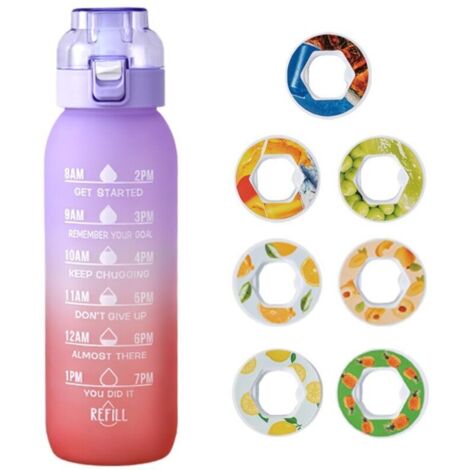 Gourde aromatisée 1000ml dégradé violet-rouge, paille incluse, 7 arômes, bouteille sport en Tritan (1/4)