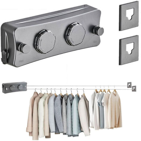 Séchoir à linge mural rétractable à deux rangées - Avec 2 cordes de 5 m - bouton de tension réglable - pour balcon, buanderie, chambre - gris (1/4)