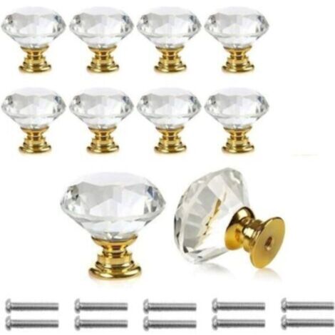 Poignée à trou unique 10 pièces, poignée de porte en cristal de diamant transparent, décoration d'armoire à tiroirs de meubles, avec vis (1/4)