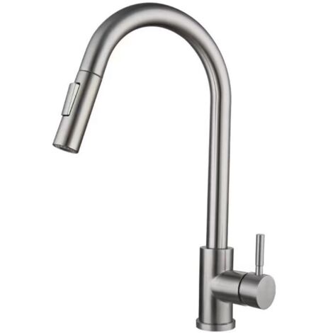Robinet de cuisine pivotant à 360° avec douchette extractible, mitigeur haute pression en acier inoxydable et nickel brossé. (1/4)