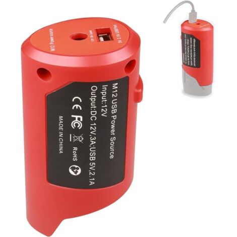 Adaptateur d'alimentation USB M12 pour batterie Milwaukee M12 12 V avec port USB 2,1 A et prise DC 12 V, adaptateur de charge de périphérique USB portable (adaptateur uniquement) (1/4)