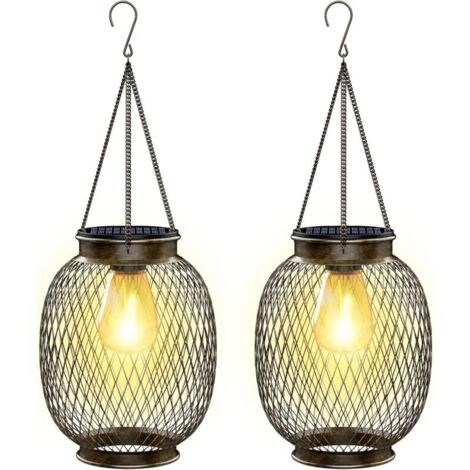 Lampe Solaire Exterieur Jardin Suspendue, IP65 Étanche Lanterne Solaire Exterieur 2 Pièces Métal Lumiere Solaire Exterieur avec Ampoule LED Lampe Solaire Balcon pour Porche Cour Jardin Terrasse [Class (1/4)