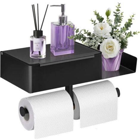 Porte Papier Toilette, Porte Papier Toilette Mural sans Perçage avec Étagères et Boîte à Lingettes Humides, Support Papier Toilette avec 2 Porte Rouleau pour Salle de Bain et Cuisine - B (1/4)