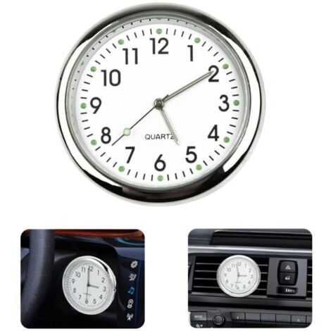 Horloge de voiture ronde blanche, autocollant lumineux pour tableau de bord, horloge à quartz compatible avec toutes les voitures (avec clip pour grille d'aération)