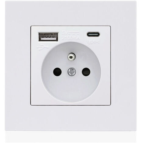 Panneau de prises françaises Type-c+USB16A Type 86, nombre de prises : 2 trous, nombre de ports USB : 1, nombre de ports type-c : 1, sûr et ferme(carré blanc) (1/4)