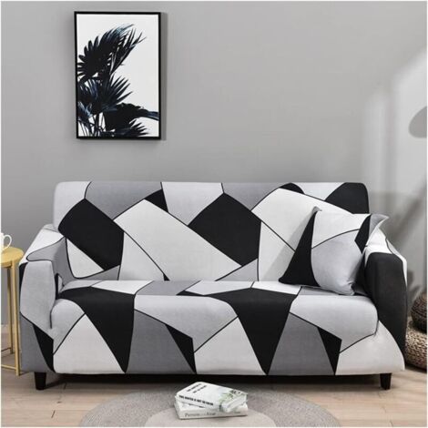 (3 places, noir, blanc, gris)Housse de canapé en tissu élastique très extensible - Housse de canapé imprimée - Housse de protection antidérapante pour meubles - Lavable en machine (1/4)