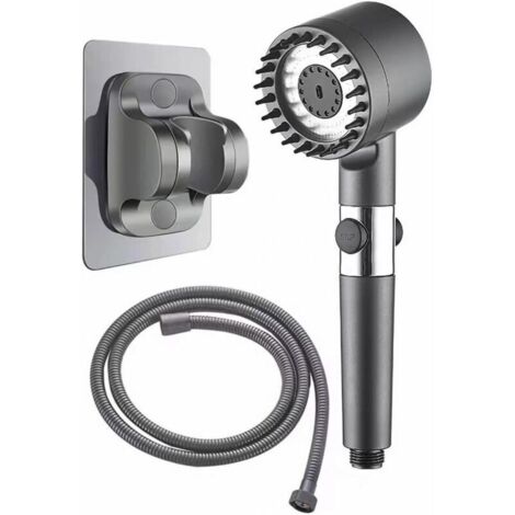 Pomme de douche avec tuyau de 1,5 m - Haute pression filtrée - 4 modes - Grand pommeau de douche pressurisé à main avec interrupteur de pause d'eau - Accessoires de douche - Gris (1/4)