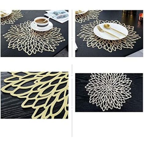 38cm Set de Table Rond évidé, 4 pièces Set de Table Rond doré métallisé Set de Table antidérapant Tapis de Protection en PVC à Coaster en Plastique Mats
