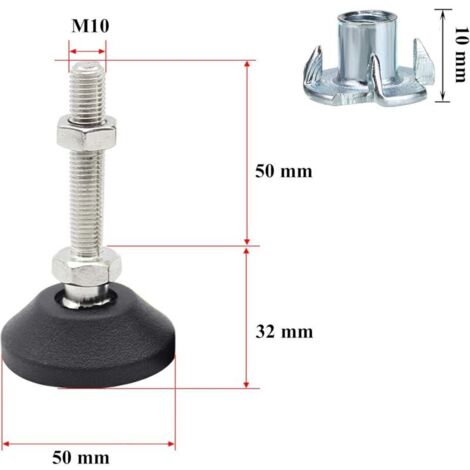 Pieds de Nivellement, Pied de Meuble Réglable Hauteur à Toute épreuve en Acier Inoxydable 4 pièces M10 x 50mm Vis de Réglage Angle avec écrou en T (1/3)