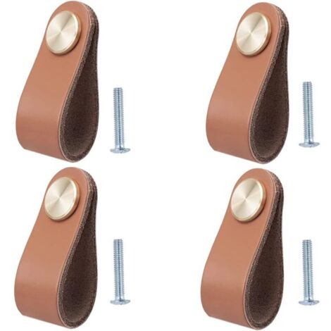 Lot de 4 Poignée Meuble Cuir, Bouton de Portes Placard Poignee Cuir Bouton de Tiroir, Poignee de Meuble Vintage pour Armoires, Commode, Cuisine, Salle de Bain (1/4)