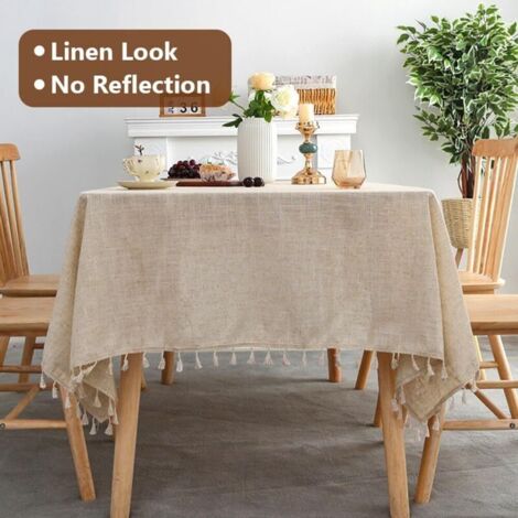 Beige Anti Tache Nappe Tassel Lavable, 140×180cm Salle à Manger Rectangulaire en Coton, Rectangulaire Beige Anti Tache Nappe Tassel Lavable en Coton Et Lin avec Glands per Jardin, Table à manger (1/3)