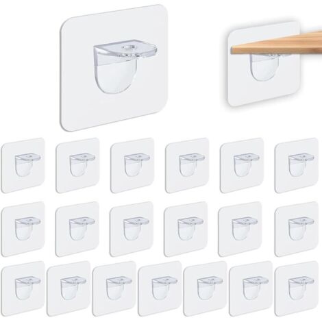 20 PCS Supports d'étagères Autocollants, Transparent 7 x 7 cm, Supports Adhésifs Sans Perçage pour Étagères, Placards et Penderies, Charge 10 kg, Installation Facile et Pratique
