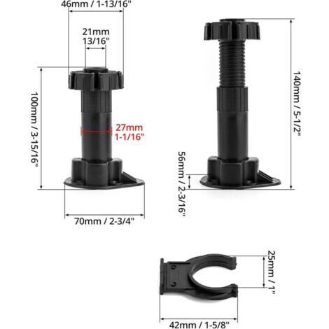 Lot de 20 Rond Pieds de Meuble en Acrylonitrile butadiène styrène (ABS) Plastique, Pieds Meuble Cuisine, avec 10 Support d'attache, Plage étendue : 100-120 mm. Noir