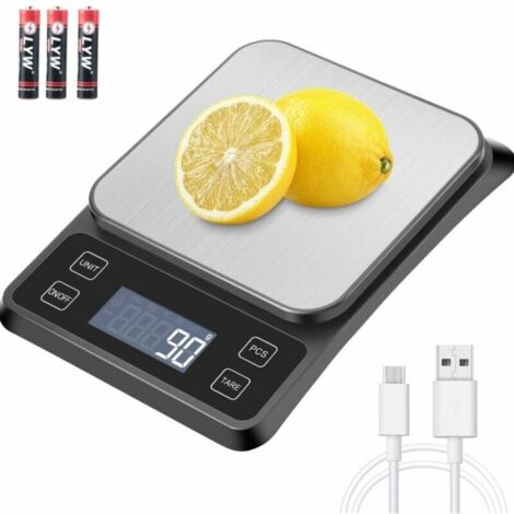 Balance Cuisine Balance de Précision USB Rechargeable, 10kg/1g Balance de Cuisine Electronique Acier Inoxydable, Mesure du Liquide, LCD Rétroéclairé, Auto-arrêt, Piles Fournies