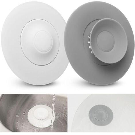 Bouchon d'Écoulement Universel, 4 Unités, Ø 10 cm, Blanc + Gris, Silicone, Filtre Intégré pour Restes de Nourriture et Cheveux, Drains jusqu'à Ø 80 mm pour Évier, Lavabo, Baignoire, Filtres de Vidage (1/4)