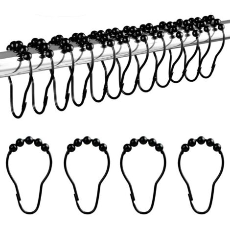 Lot de 12 Anneaux de Rideau de Douche en Acier Inoxydable avec système de Glissement pour Rideau de Douche, 12 Crochets Simples, 69 x 39 mm - Noir (1/4)