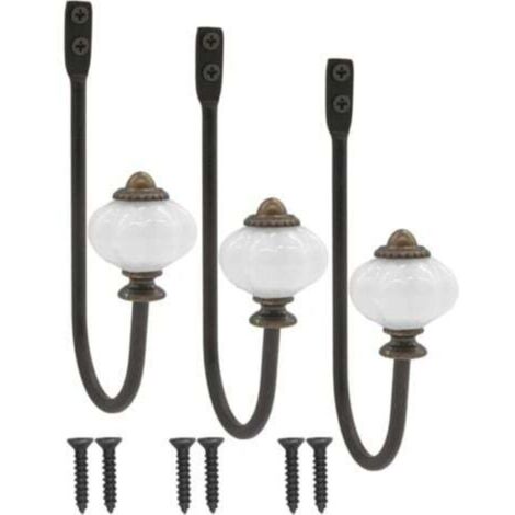 lot de 3 patère antique, patère, crochet à chapeau, crochet en fer avec tête en céramique et couronne en laiton - style campagnard vintage (1/4)