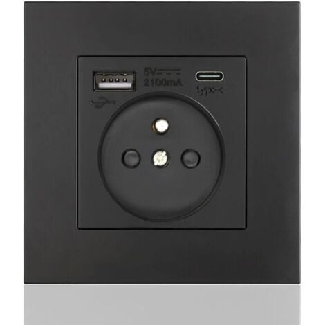 Panneau de prises françaises Type-c+USB16A Type 86, nombre de prises : 2 trous, nombre de ports USB : 1, nombre de ports type-c : 1, sûr et ferme(carré noir) (1/4)