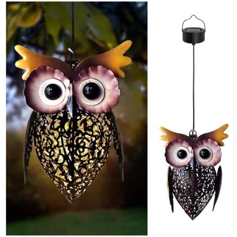 Lanterne solaire LED creuse à suspendre pour l'extérieur, style vintage, en métal, motif hibou mignon, étanche, pour jardin, terrasse, porche, décoration, cadeaux (1/4)