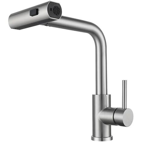 Robinet mitigeur d'évier de cuisine en acier inoxydable avec douchette extractible, robinet mitigeur de cuisine 1 trou bec pivotant robinet d'eau chaude et froide à poignée unique (1/5)