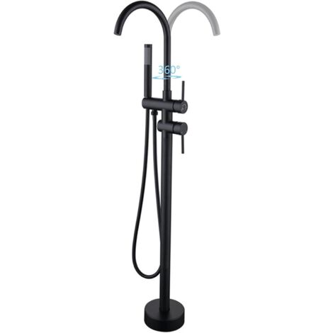 Robinet de Baignoire Ilot 2 Modes Mitigeur de Baignoire Ilot avec Douchette, Rotation à 360° Robinet de Baignoire sur Pied Laiton Robinet Mitigeur au Sol Moderne et Simple (Noir) (1/5)